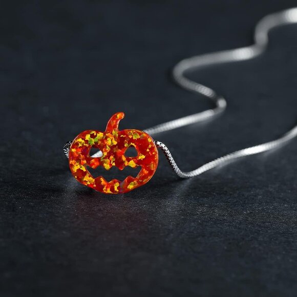 Halloween Ghost Pumpkin Opal Necklace, 925 Sterling Silver White Orange Fire Opa - Picture 2 of 6